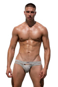 Marcuse Barrack brief underwear in gray with textured fabric and a small rectangular brand tag at the waistband