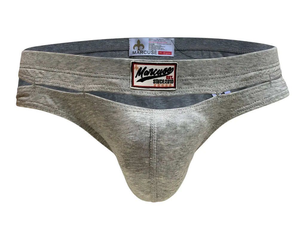 Gray heathered marcuse barrack brief underwear with red and black embroidered logo patch front view