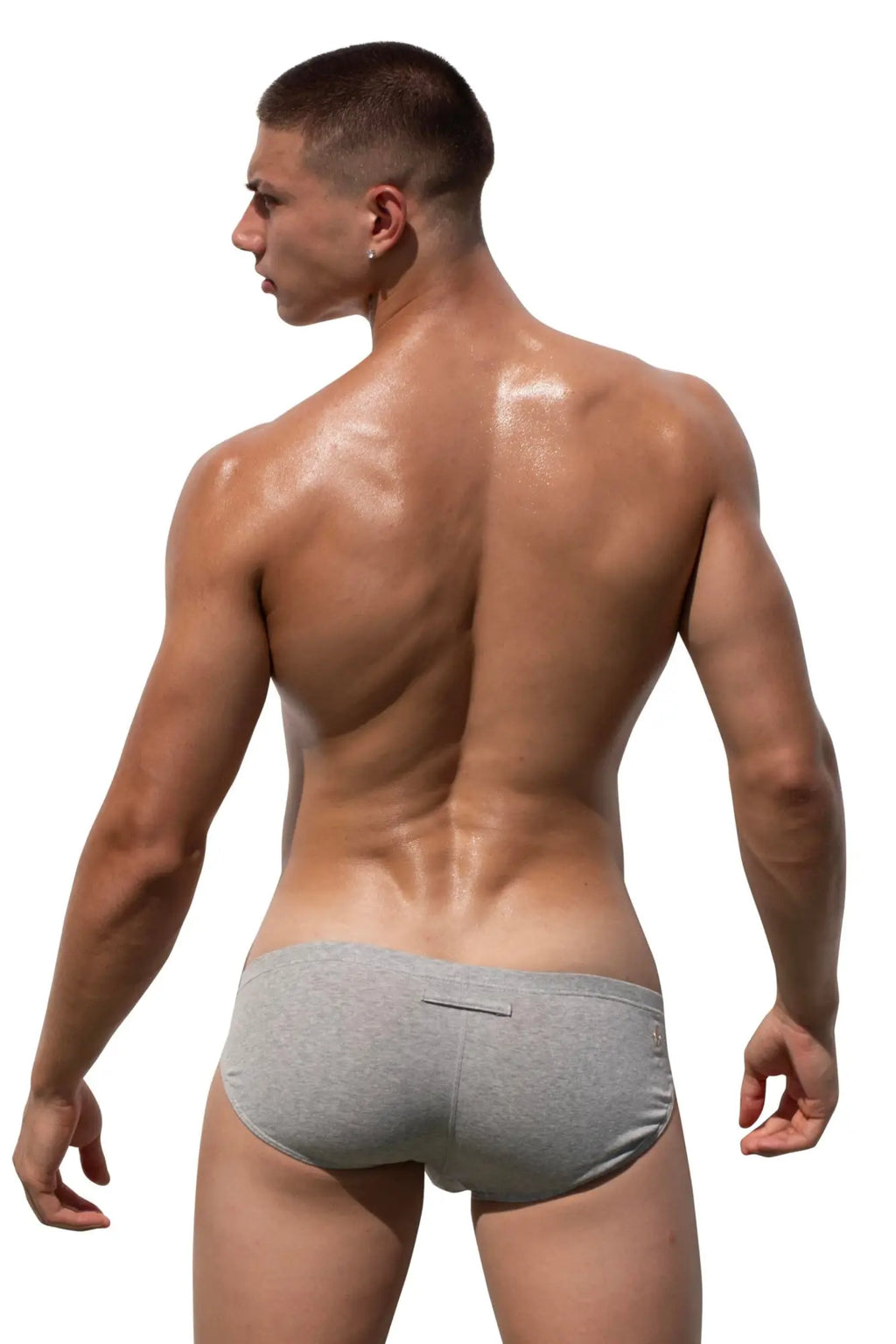 Back view of Marcuse Barrack brief underwear in gray heathered cotton with a small rear pocket