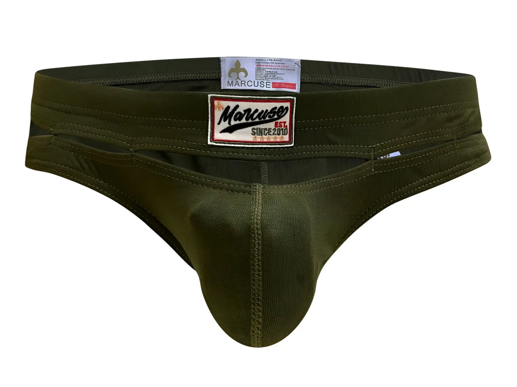 Olive green marcuse barrack brief underwear for men with textured fabric and stitched detailing