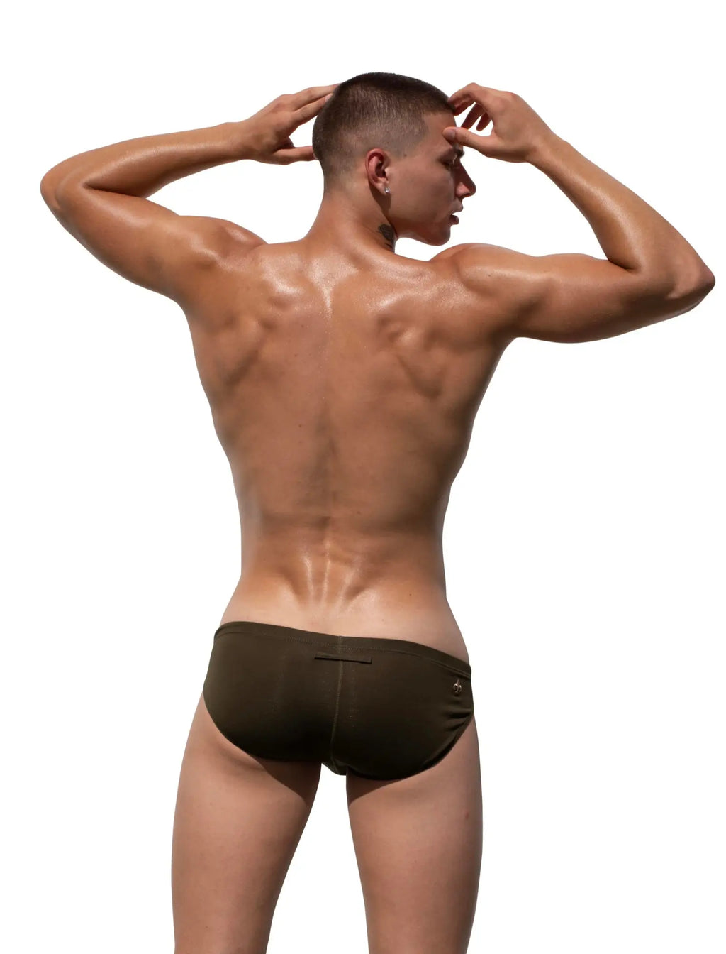 Olive green marcuse barrack brief underwear with a small logo on the side made from soft fabric
