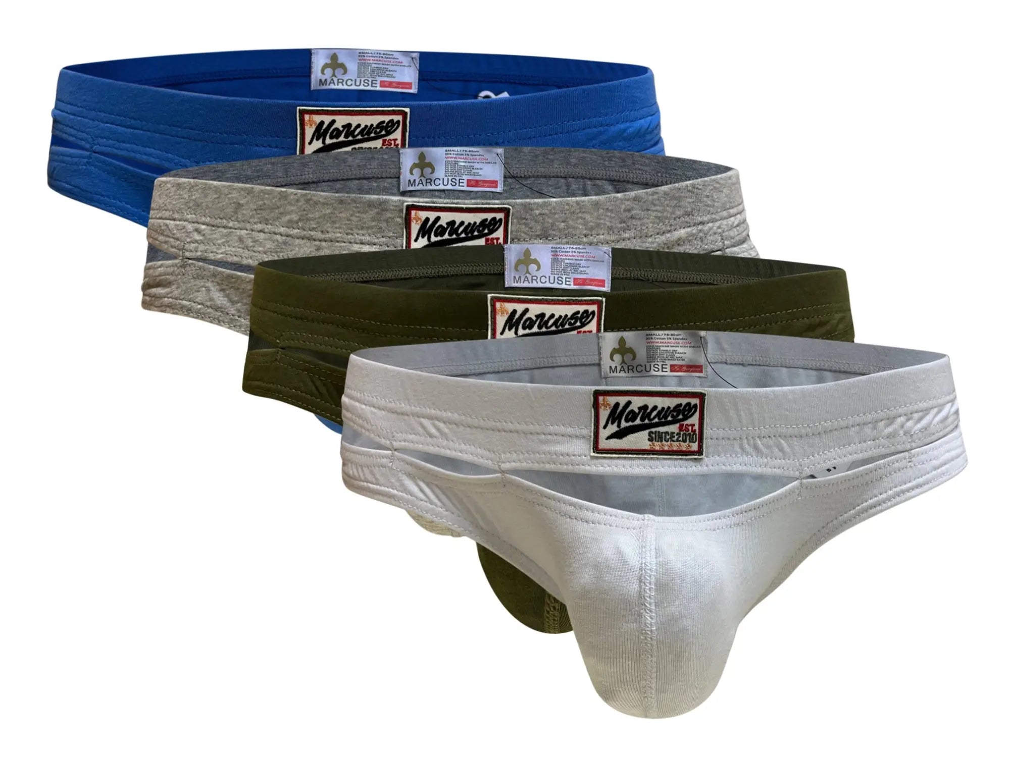 Set of four marcuse barrack brief underwear in blue heather gray olive green and white made from soft breathable fabric