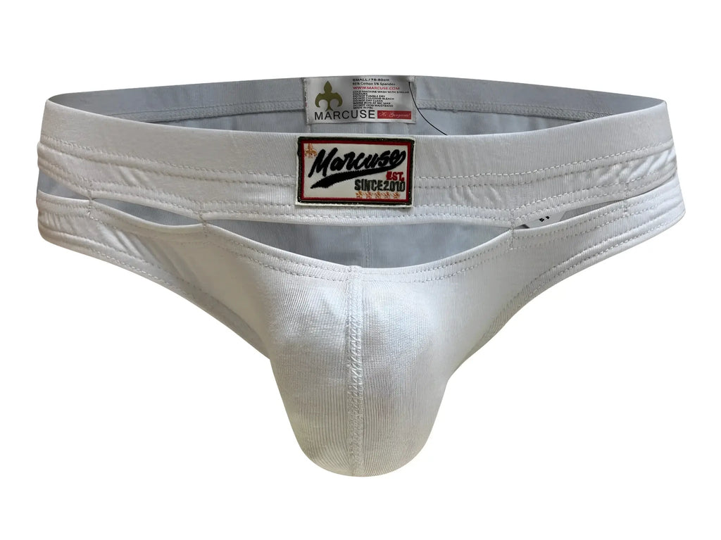 White marcuse barrack brief thong made of soft textured fabric with stitched waistband and branded patch