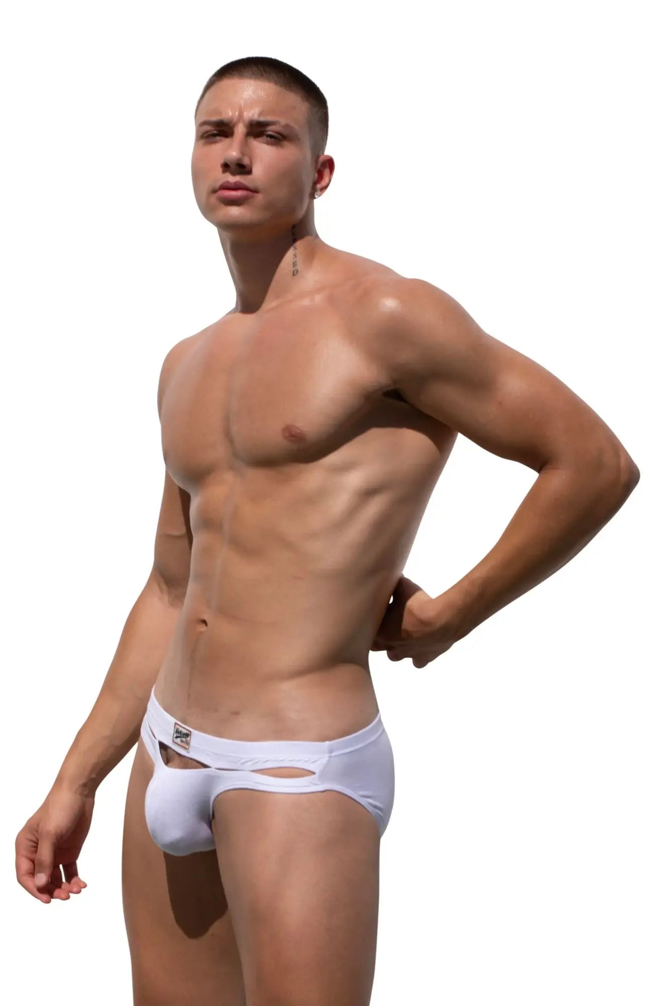 White marcuse barrack brief underwear with cutout design and elastic waistband made from comfortable fabric