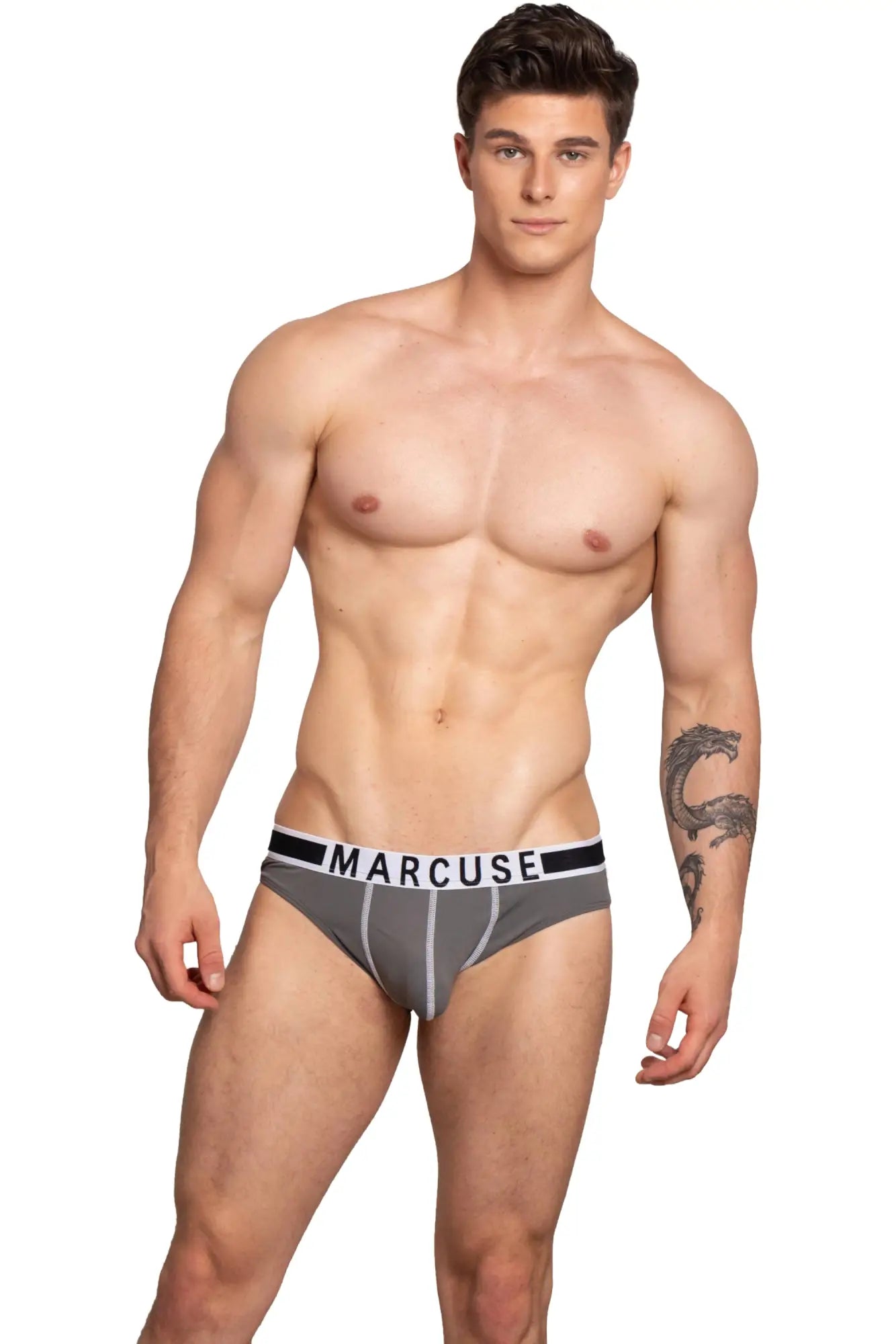 Gray Marcuse Beckett briefs underwear with a black waistband featuring white brand name lettering
