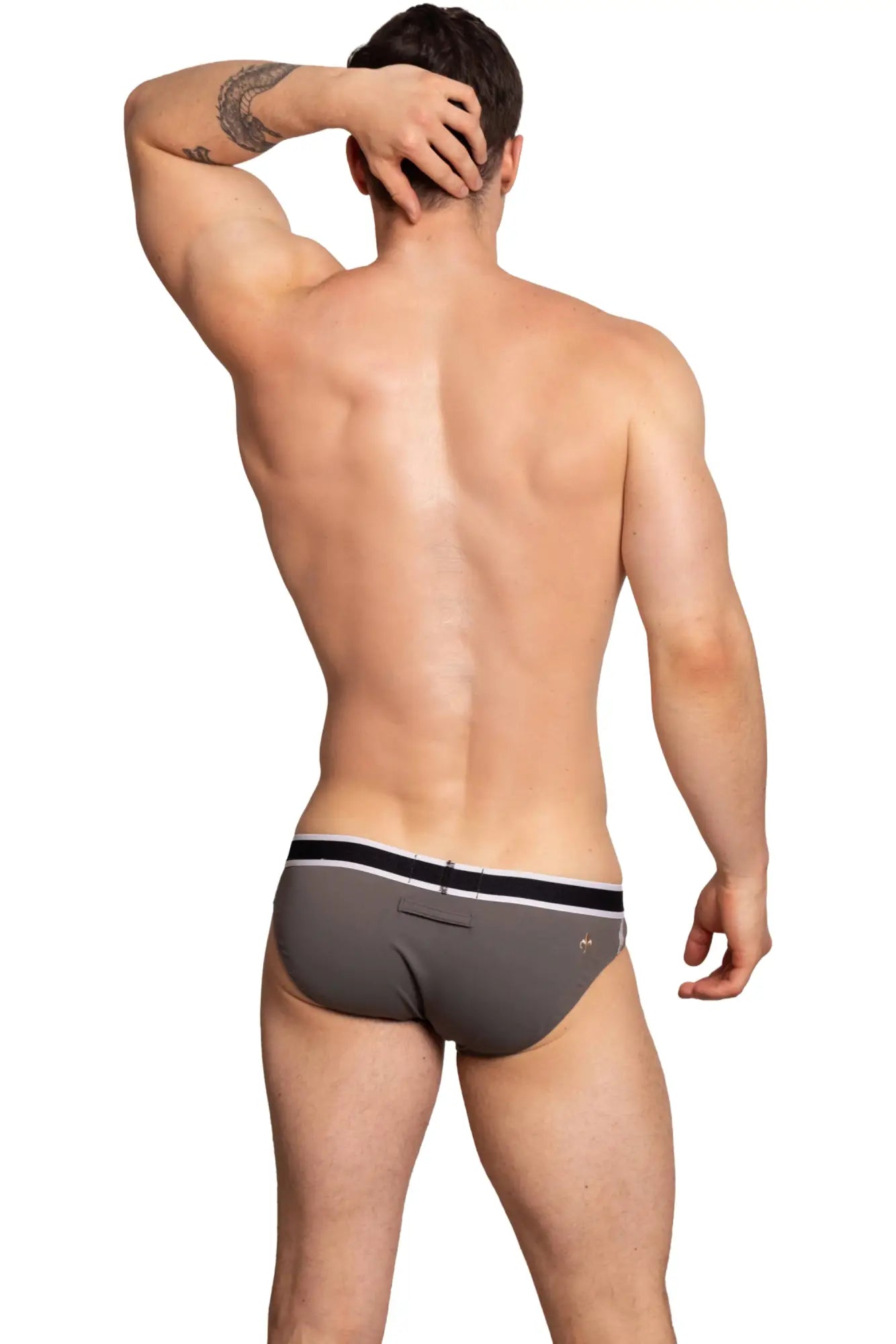Gray marcuse beckett brief underwear with black and white striped waistband designed for comfortable daily wear
