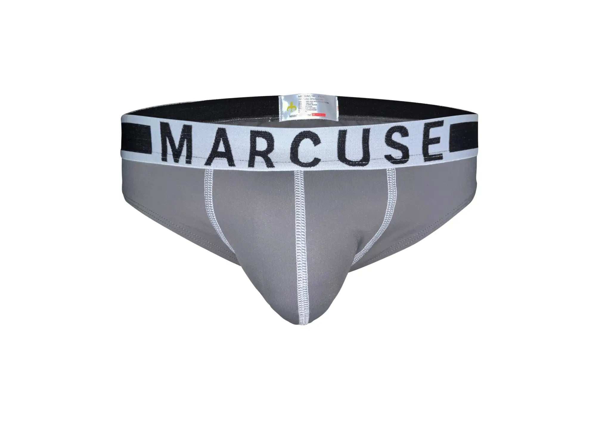 Gray marcuse beckett briefs with black and white elastic waistband featuring bold lettering for comfortable underwear wear