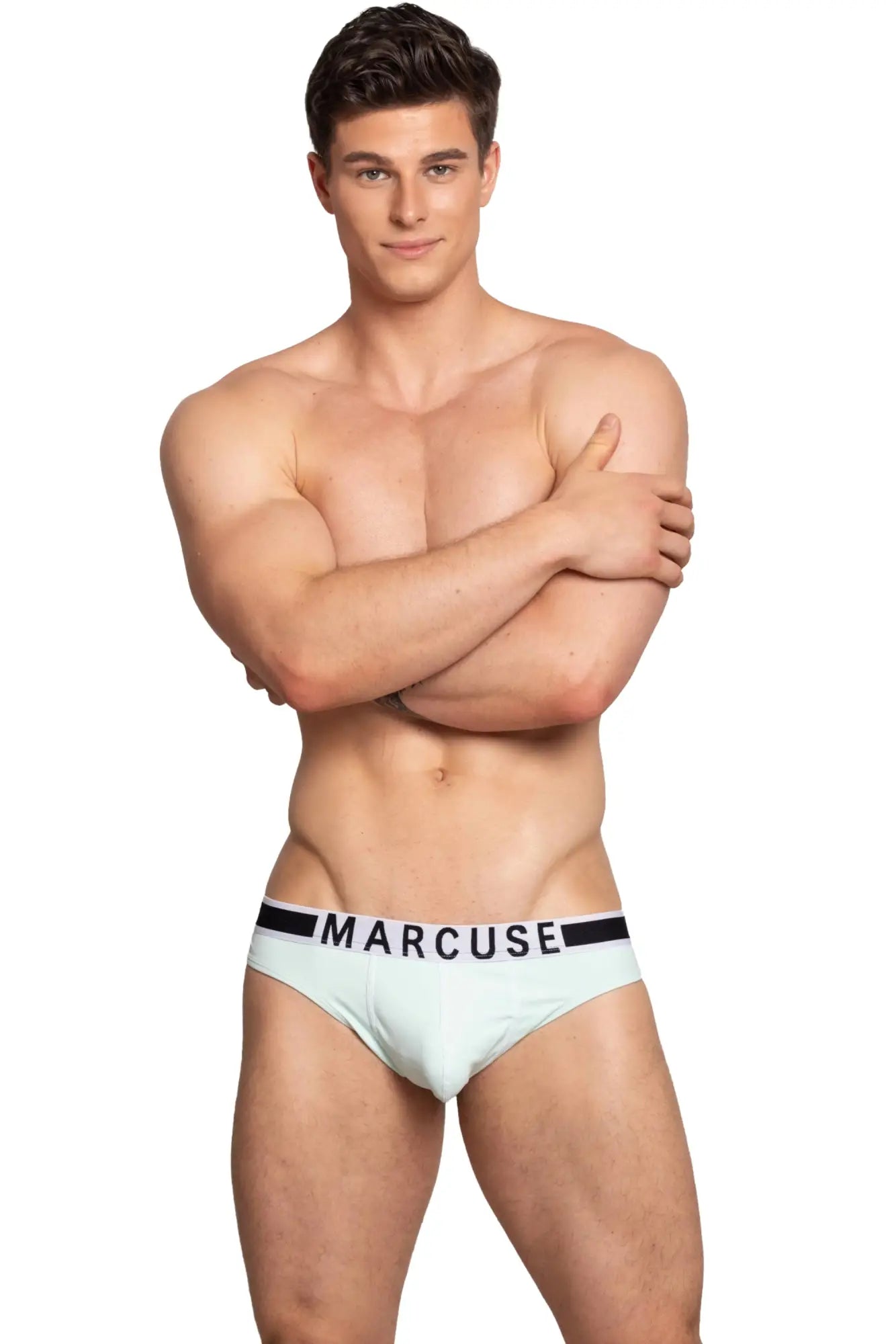 Marcuse Beckett brief underwear in light blue with black elastic waistband and bold white lettering