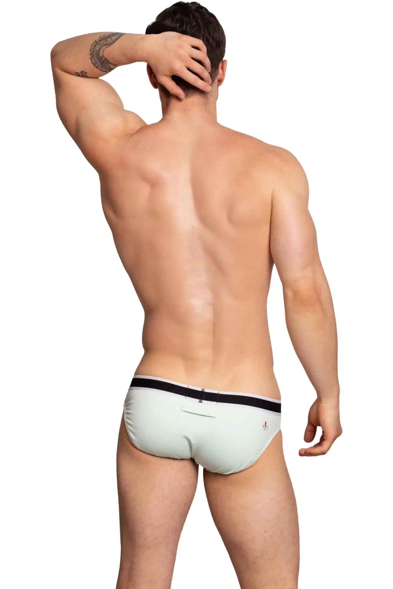 Marcuse Beckett brief underwear in light green with a black waistband and subtle side branding