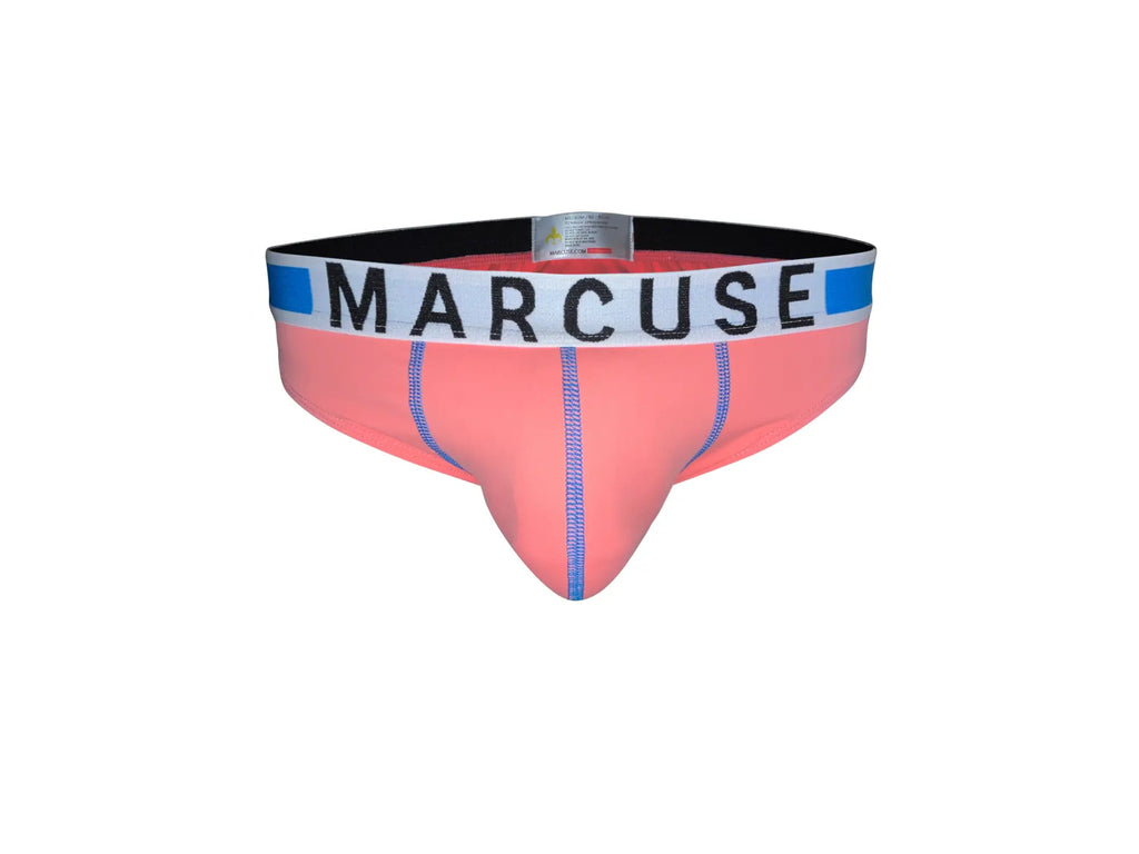 Pink marcuse beckett brief underwear with black and white waistband featuring blue accents shown from front