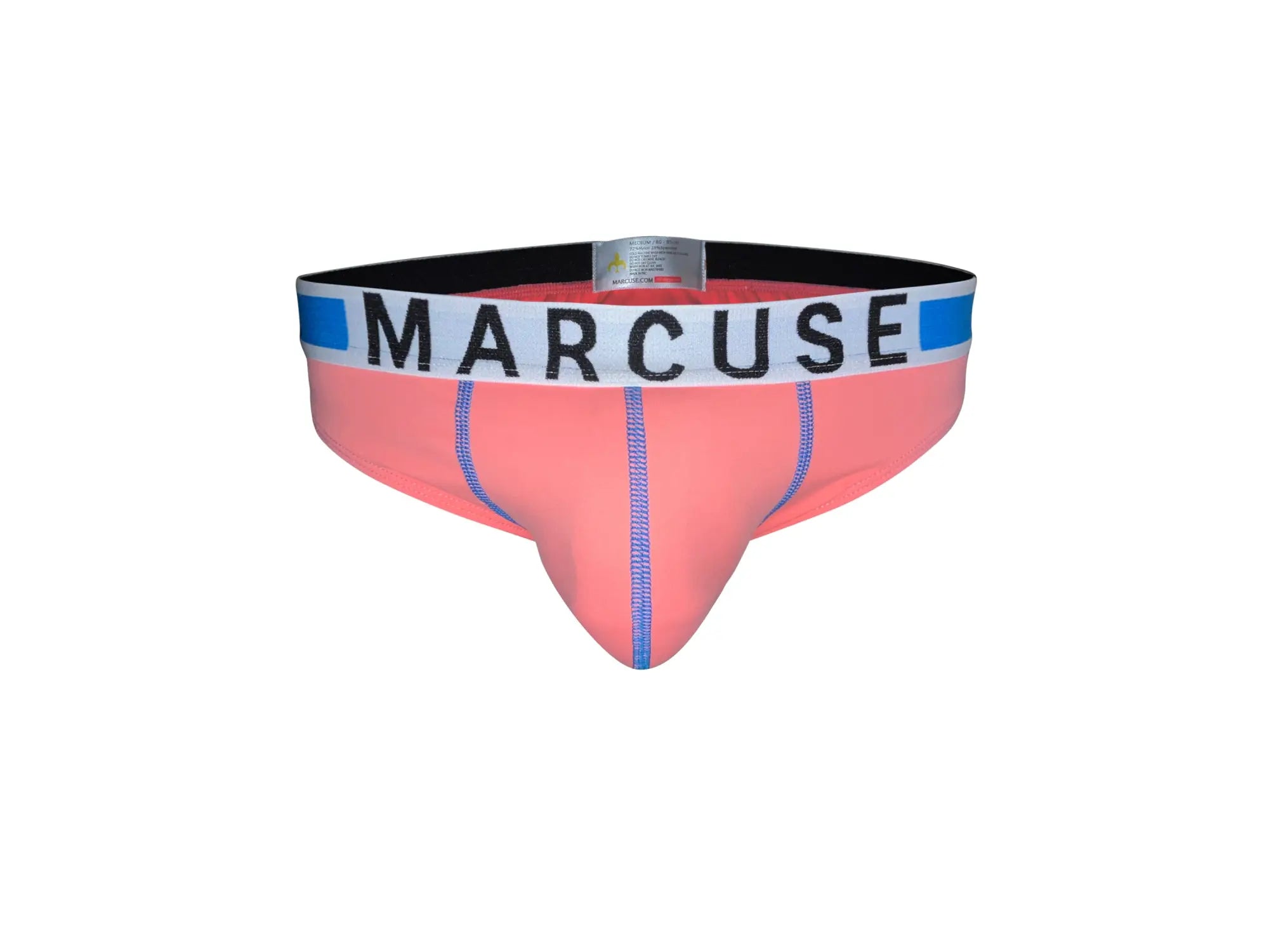 Pink marcuse beckett brief underwear with black and white waistband featuring blue accents shown from front