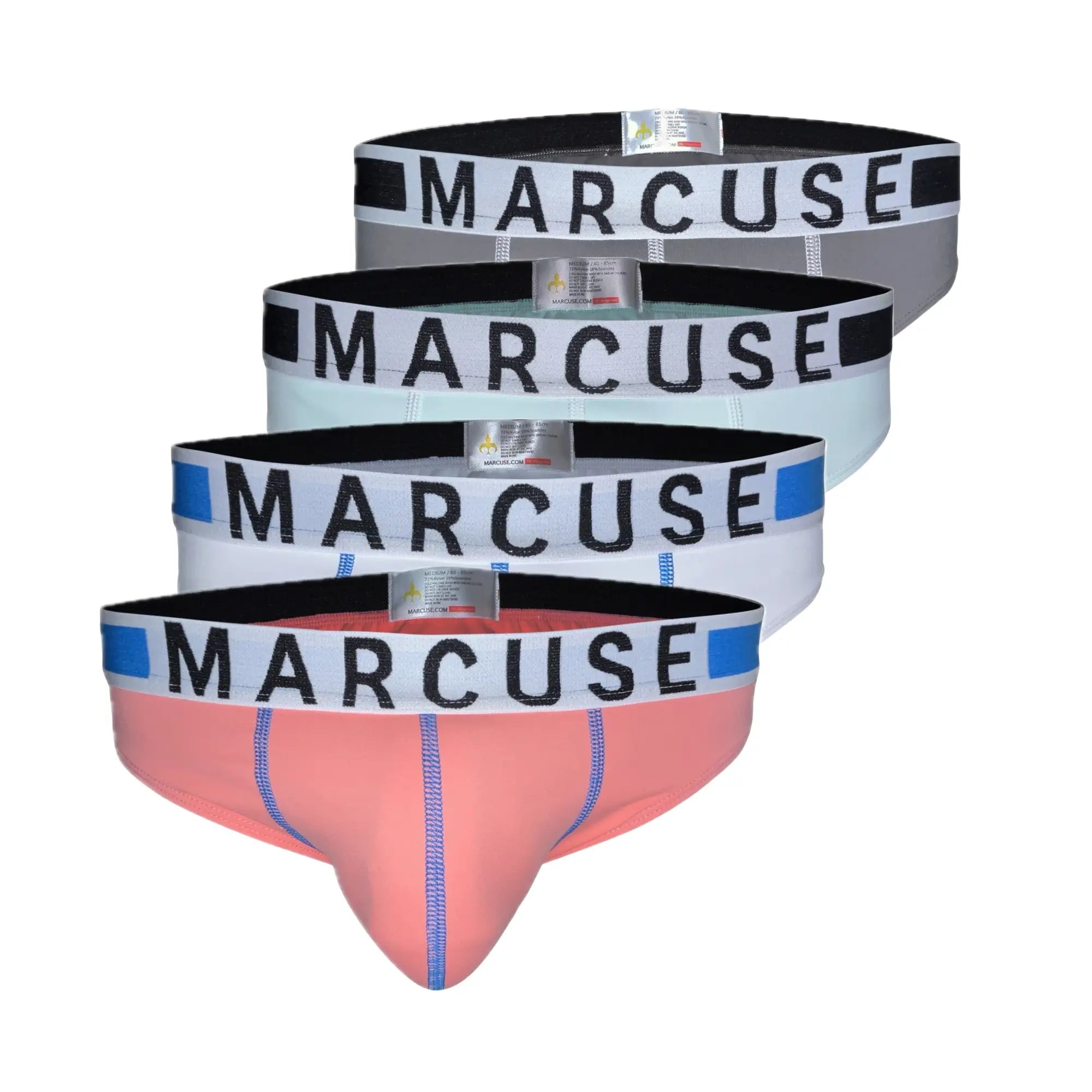 Set of four Marcuse Beckett brief underwear in pastel pink, light blue, white, and gray with black waistband lettering