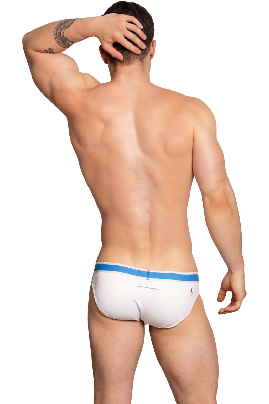 White marcuse beckett brief underwear with blue waistband and small logo on the back side