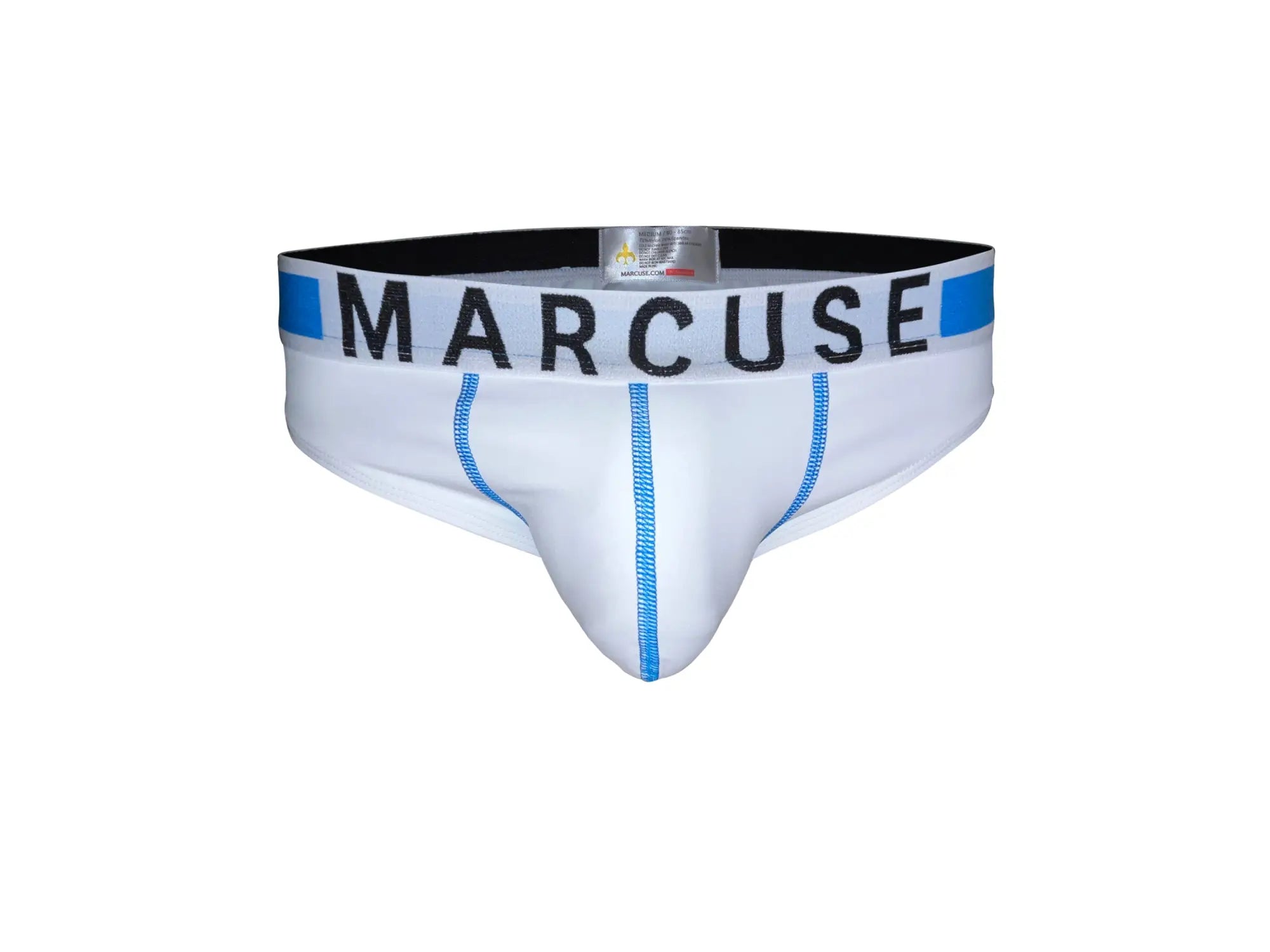 White Marcuse Beckett brief underwear with black lettering and blue trim showcasing front design