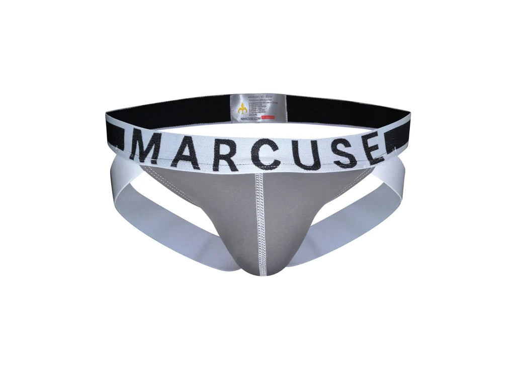 Gray marcuse beckett jock briefs with black and white elastic waistband featuring bold lettering visible from front side