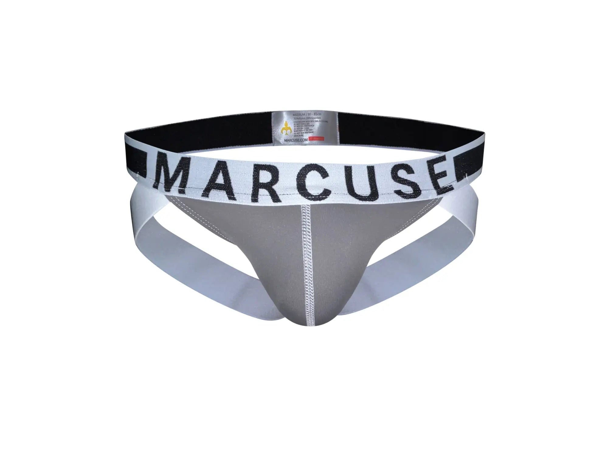 Gray marcuse beckett jock briefs with black and white elastic waistband featuring bold lettering visible from front side