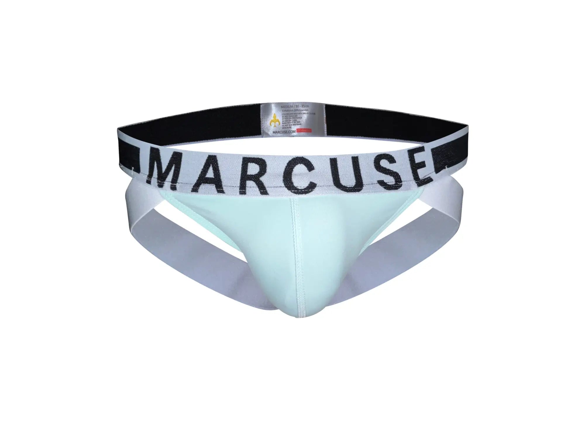 Light blue Marcuse Beckett jock briefs with black waistband and bold white lettering for athletic wear
