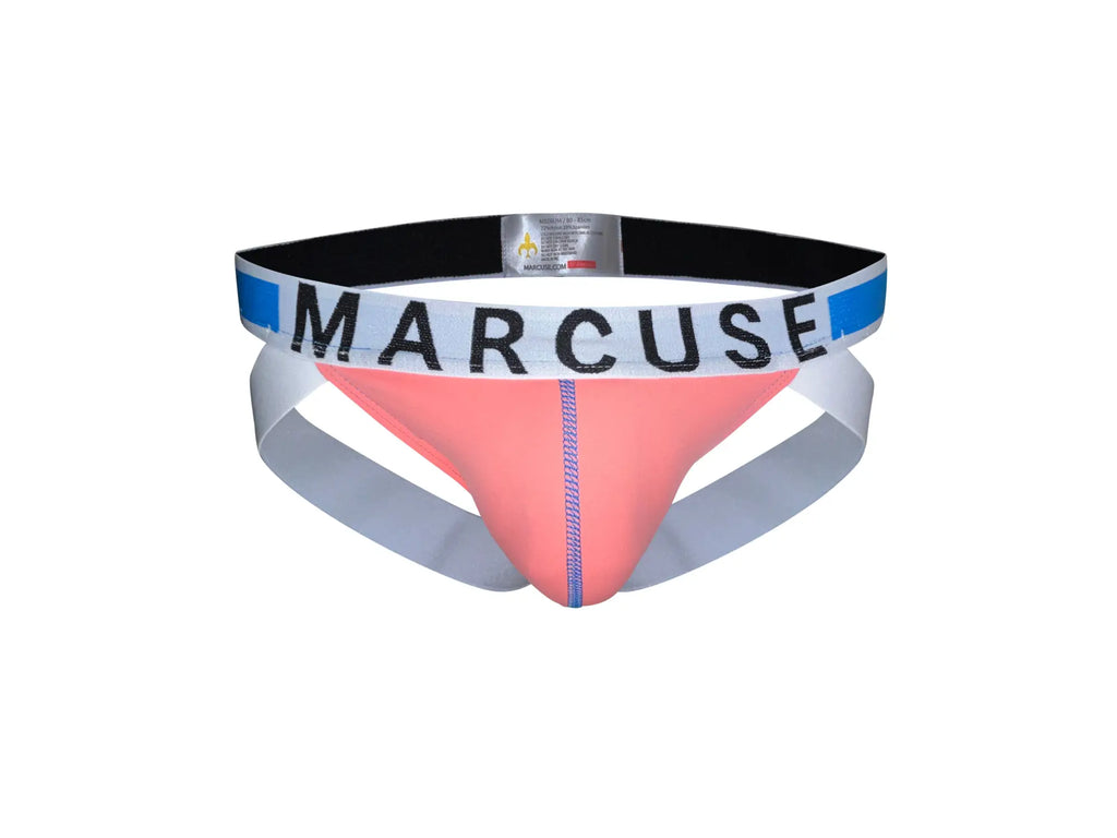 Pink and gray marcuse beckett jock underwear briefs with black white and blue waistband display front side