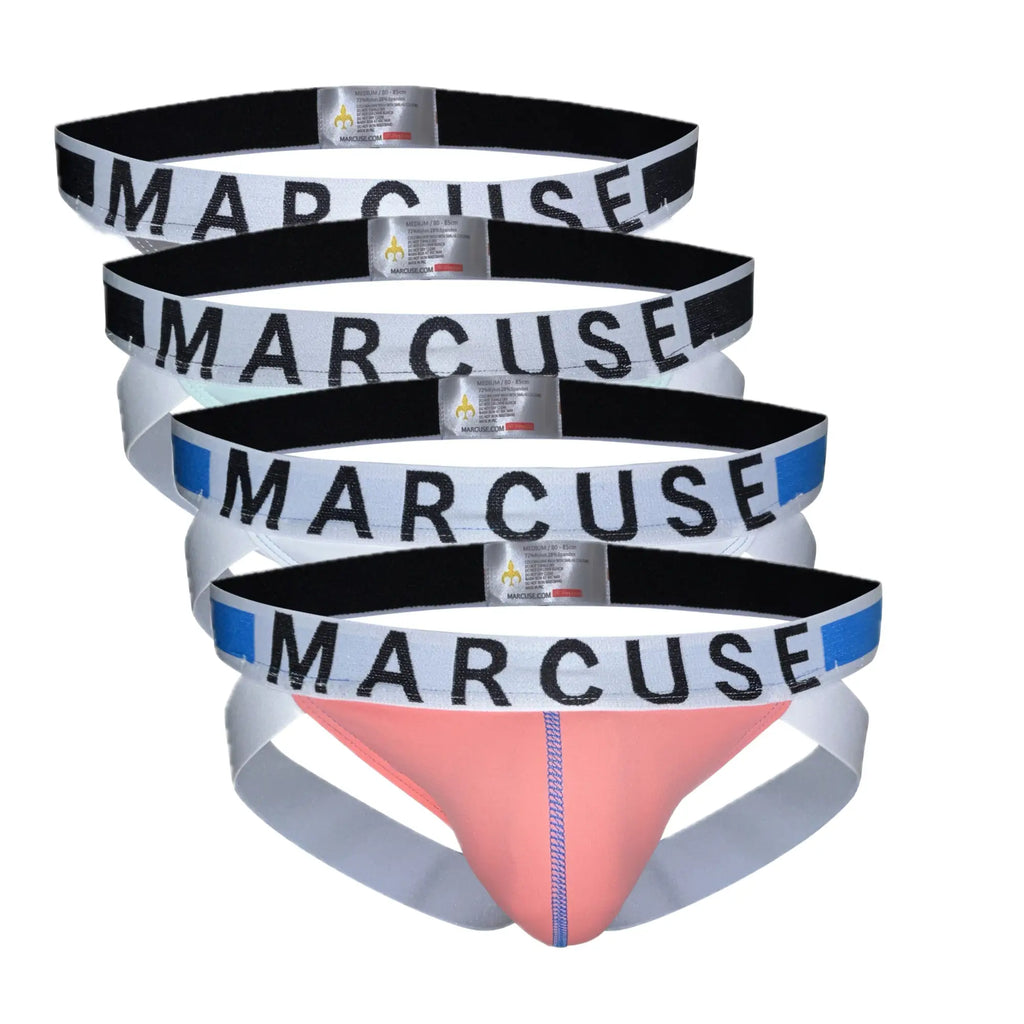 Set of four marcuse beckett jock underwear briefs in coral and white with black elastic waistbands and bold lettering
