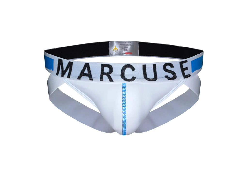 White marcuse beckett jock underwear briefs with black and blue trim featuring a comfortable supportive design