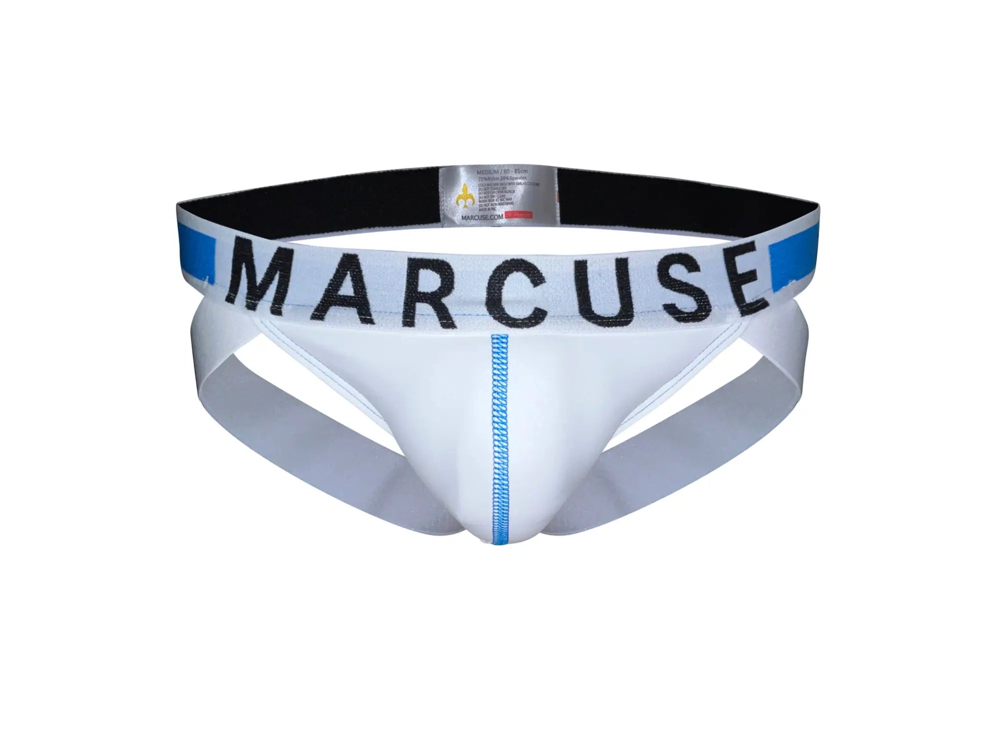 White marcuse beckett jock underwear briefs with black and blue trim featuring a comfortable supportive design
