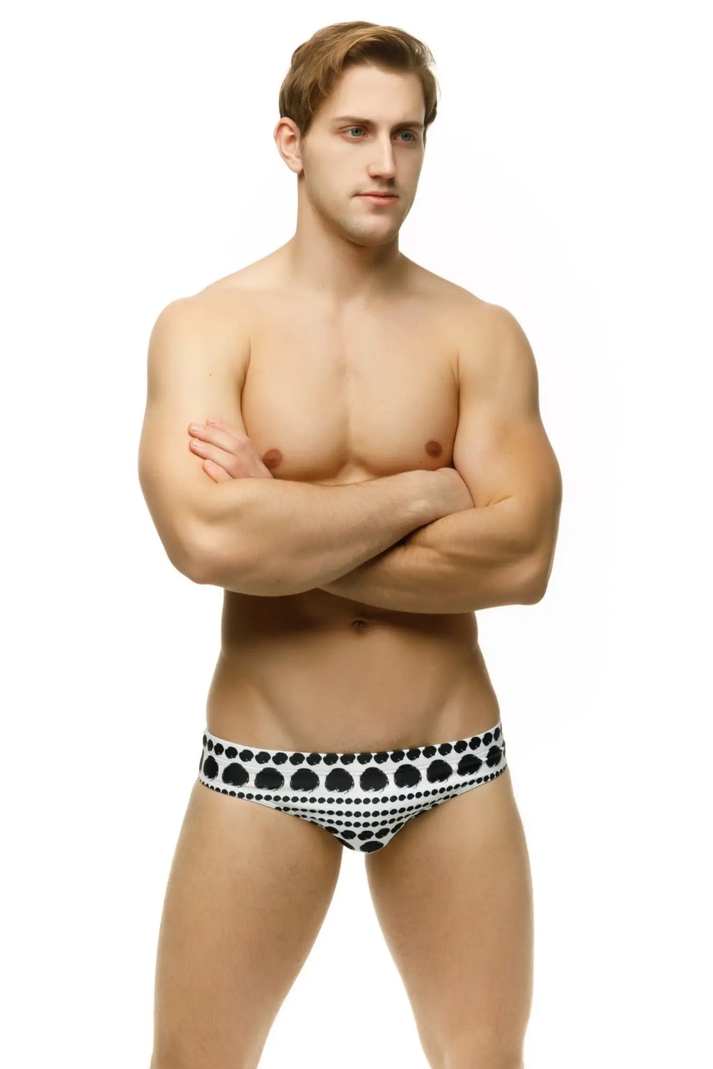 Marcuse bohemian bikini swimwear black and white polka dot swim trunks front view with lightweight fabric