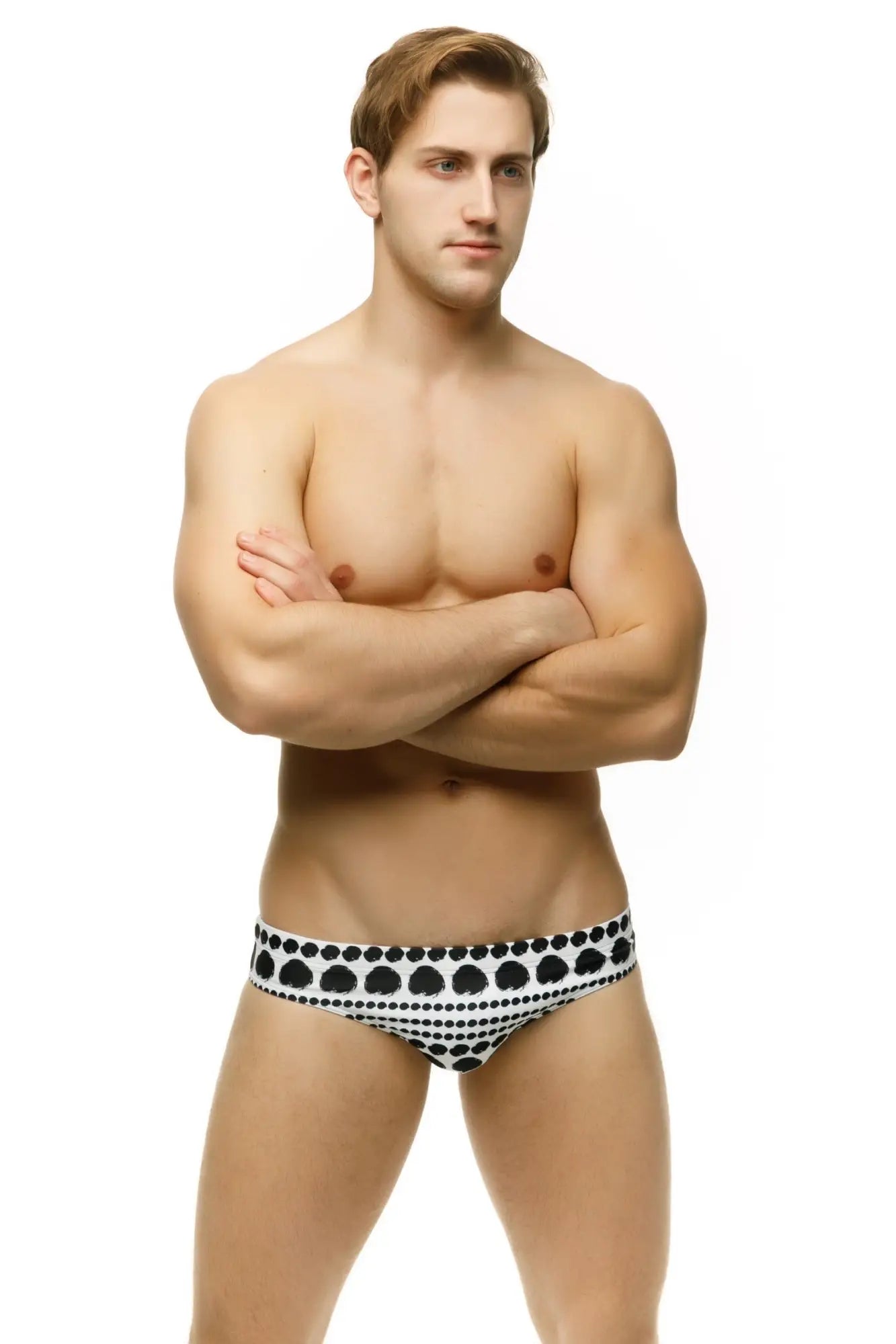 Marcuse bohemian bikini swimwear black and white polka dot swim trunks front view with lightweight fabric