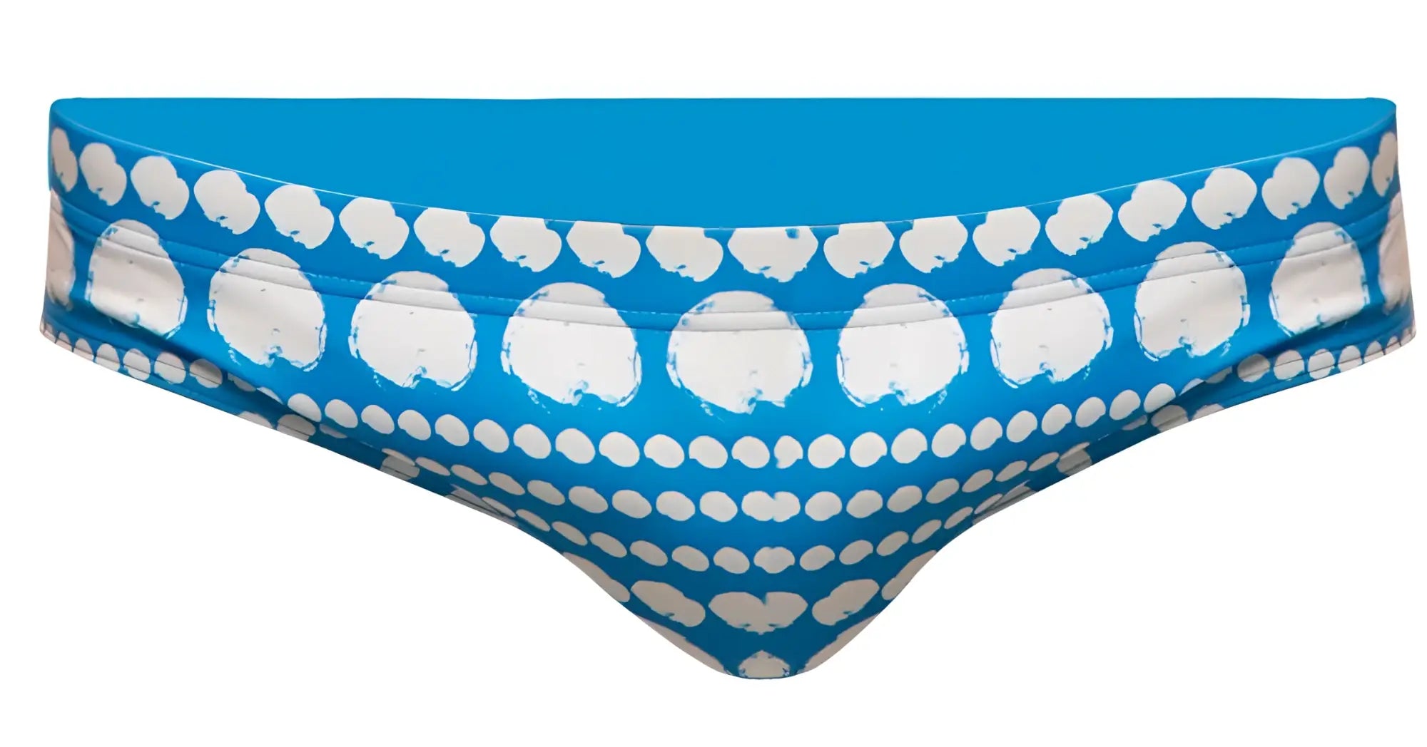 Bright blue Marcuse Bohemian bikini swimwear with playful white brushstroke circle pattern on swim trunks