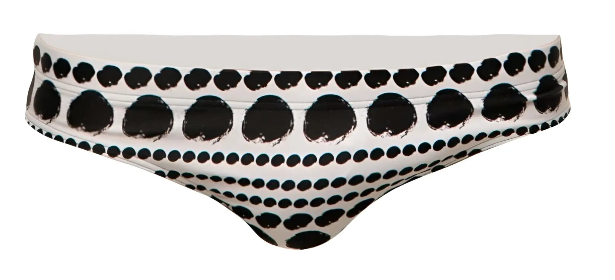 White bikini bottom from marcuse bohemian swimwear featuring bold black dots in varying circular sizes