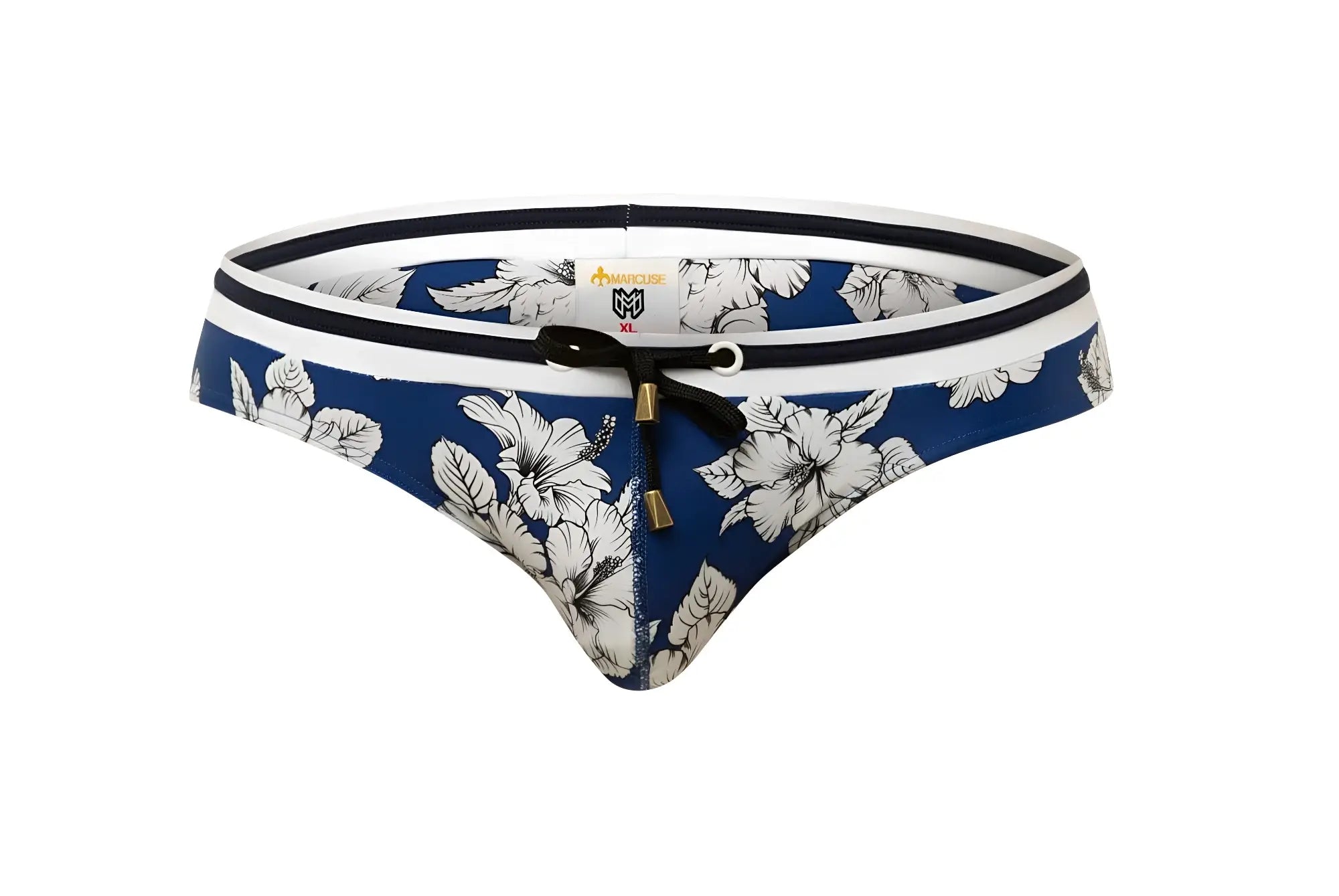 Marcuse Botany bikini swimwear blue and white floral patterned swim trunks with black trim and drawstring closure