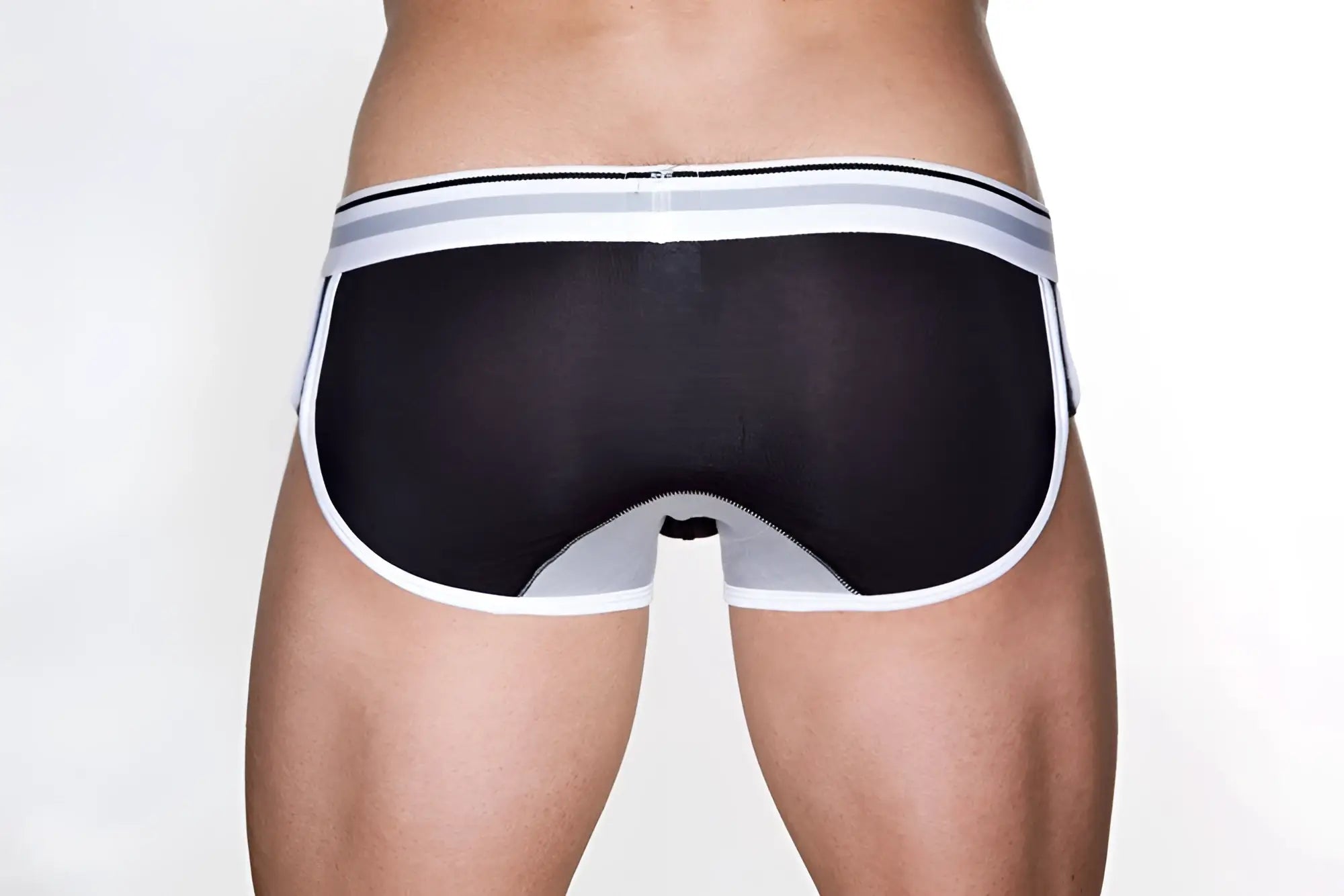 Marcuse Bounce boxer underwear black mesh briefs with white trim and gray stripe on the waistband front side