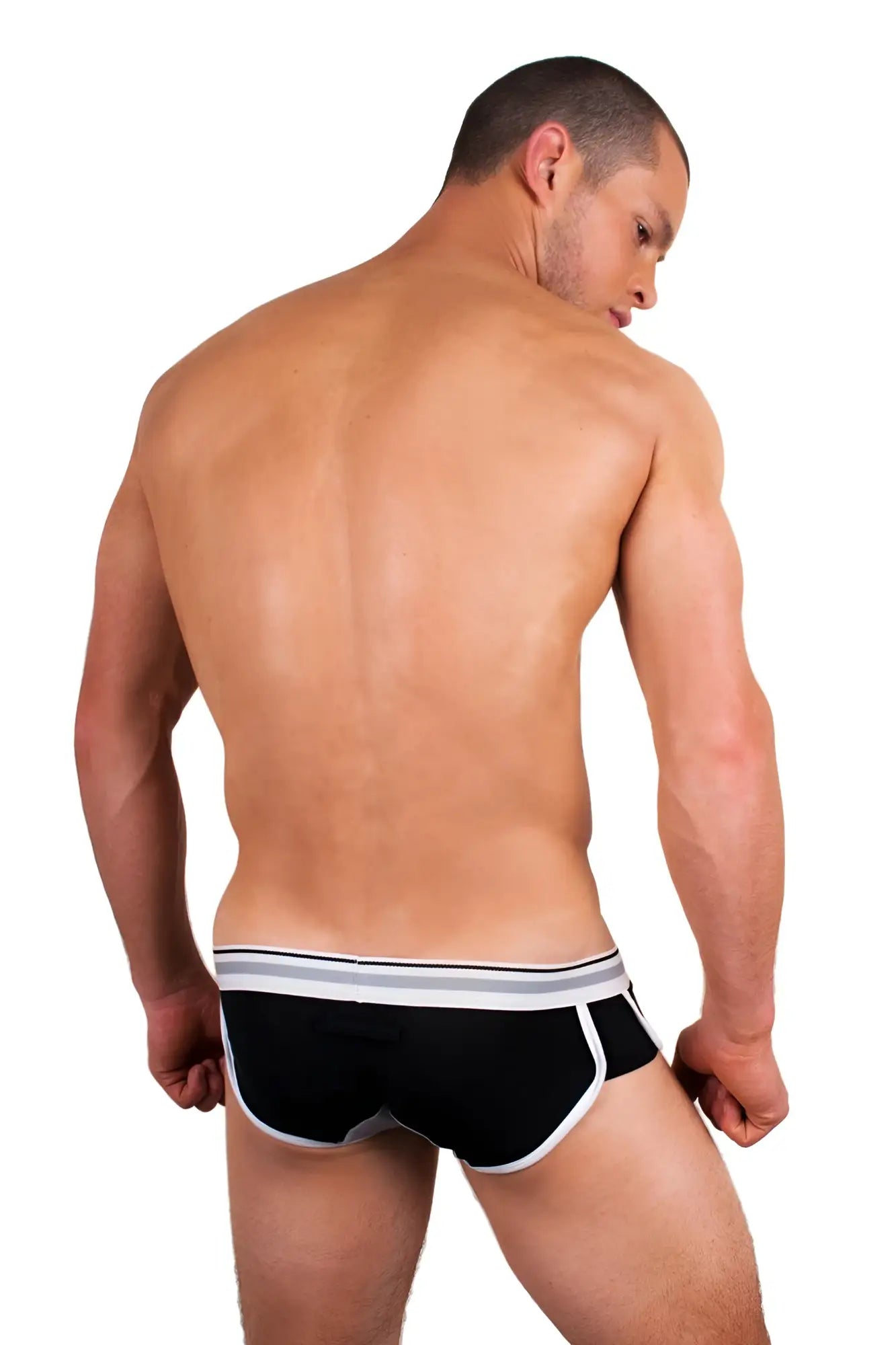 Marcuse Bounce boxer underwear in black briefs with white and gray striped trim for comfortable everyday wear