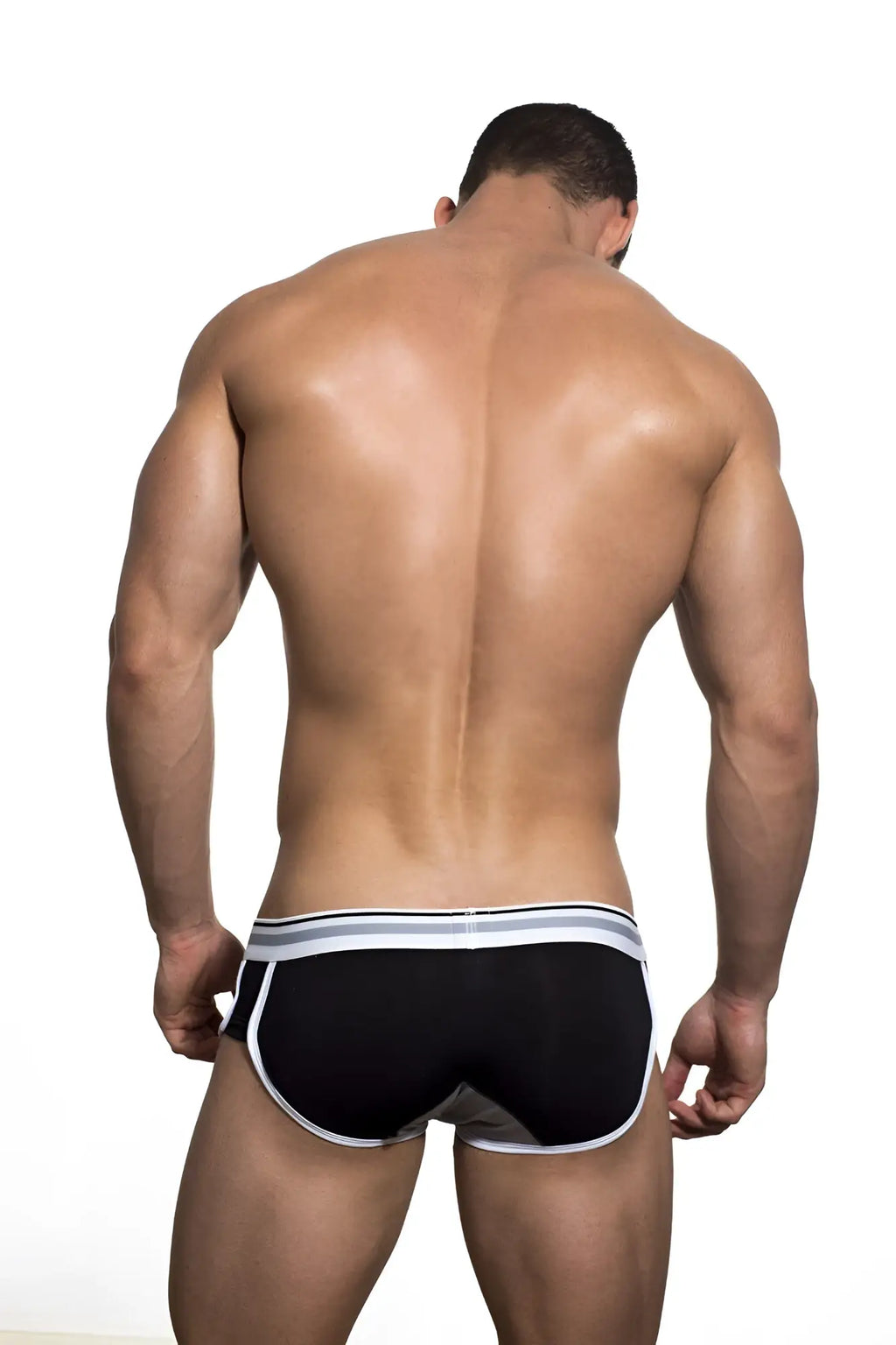 Black Marcuse Bounce boxer briefs with white and gray striped trim designed for comfortable everyday wear
