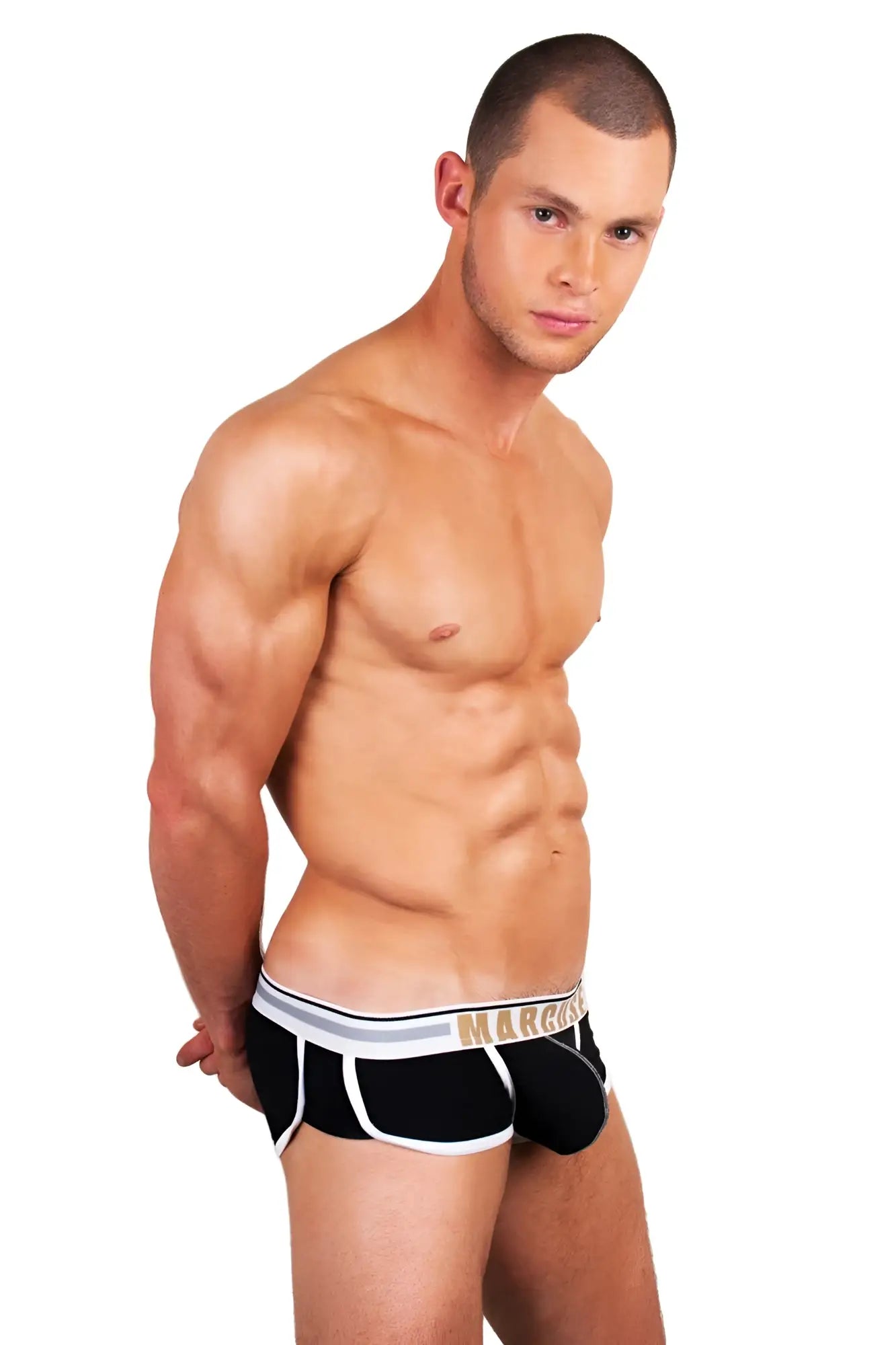 Black marcuse bounce boxer underwear with white trim and gold marriott logo on waistband front view