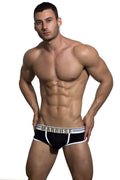 Black marcuse bounce boxer briefs with white trim and gray logo band designed for comfortable everyday wear