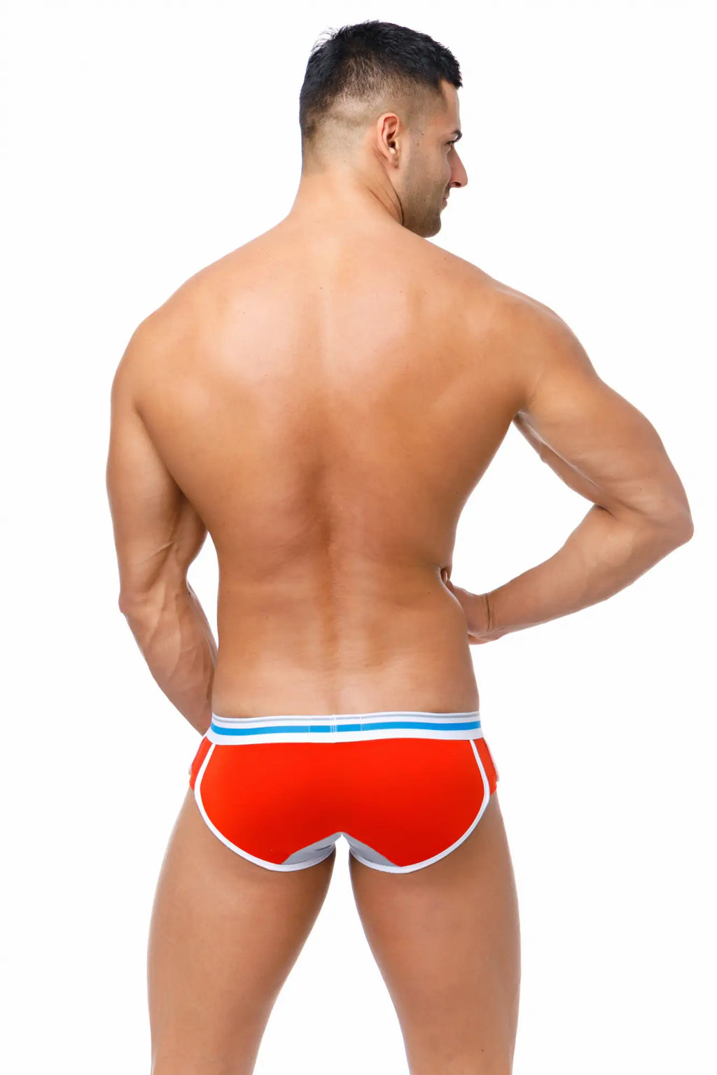 Bright red Marcuse Bounce boxer briefs with white and light blue trim designed for athletic support and comfort