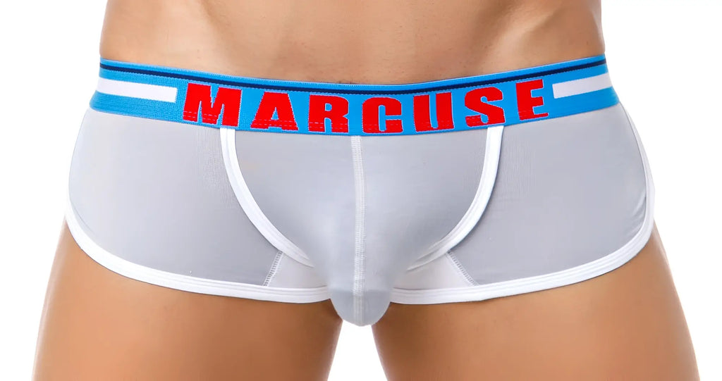 Gray marcuse men’s briefs with blue waistband red lettering and white trim from the marcuse bounce boxer underwear collection
