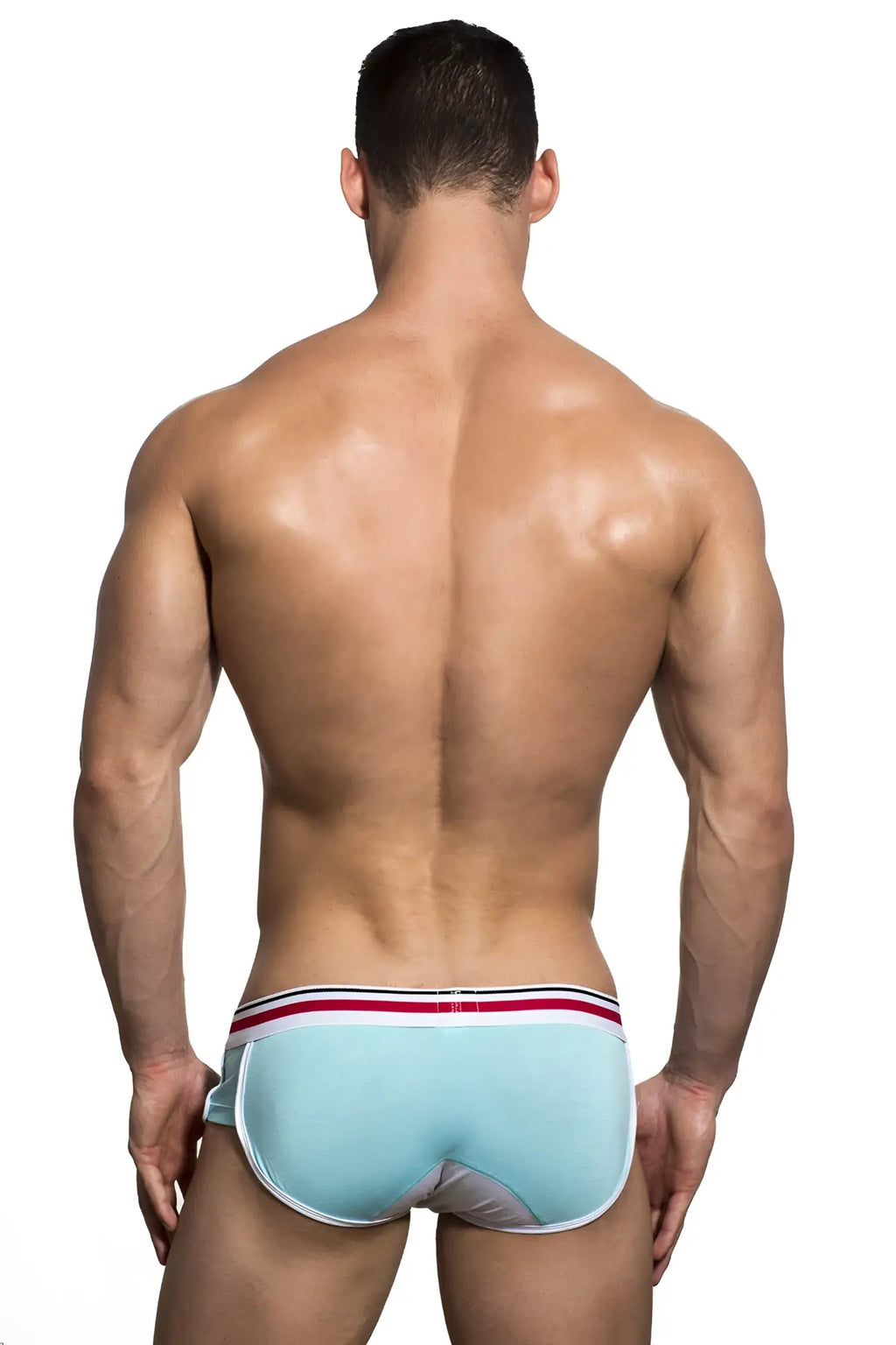 Light blue marcuse bounce boxer underwear with white and red striped waistband for athletic comfort