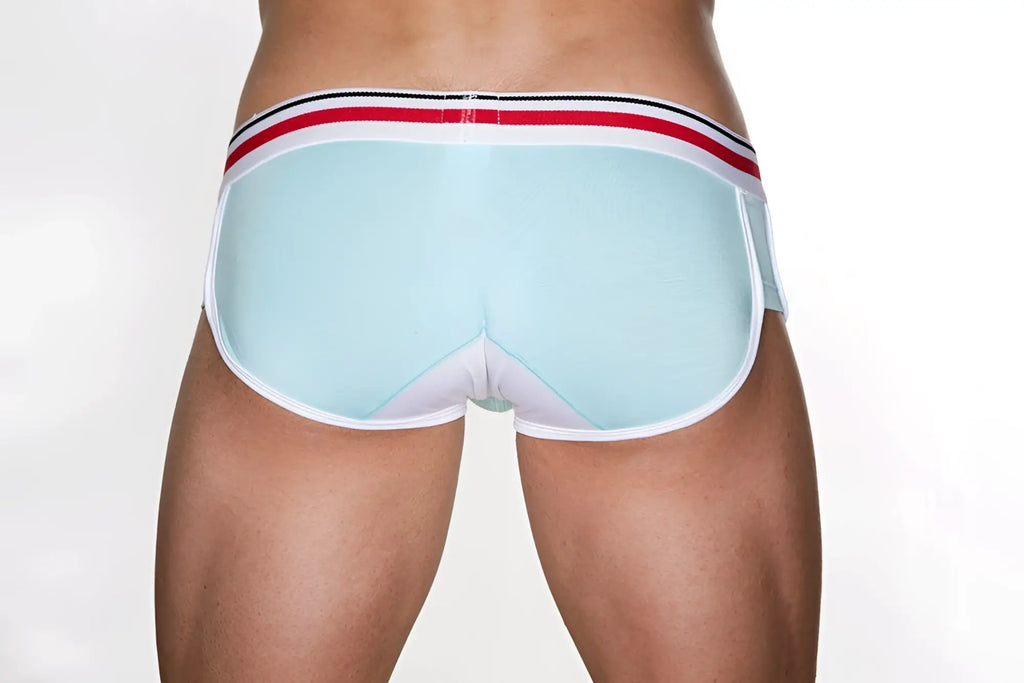 Marcuse bounce boxer underwear in light blue and white briefs with a red black and white striped waistband