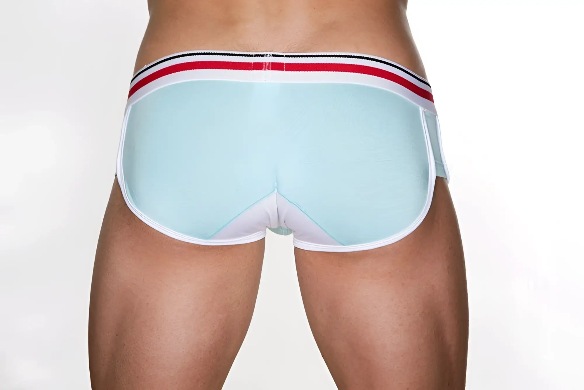 Marcuse bounce boxer underwear in light blue and white briefs with a red black and white striped waistband