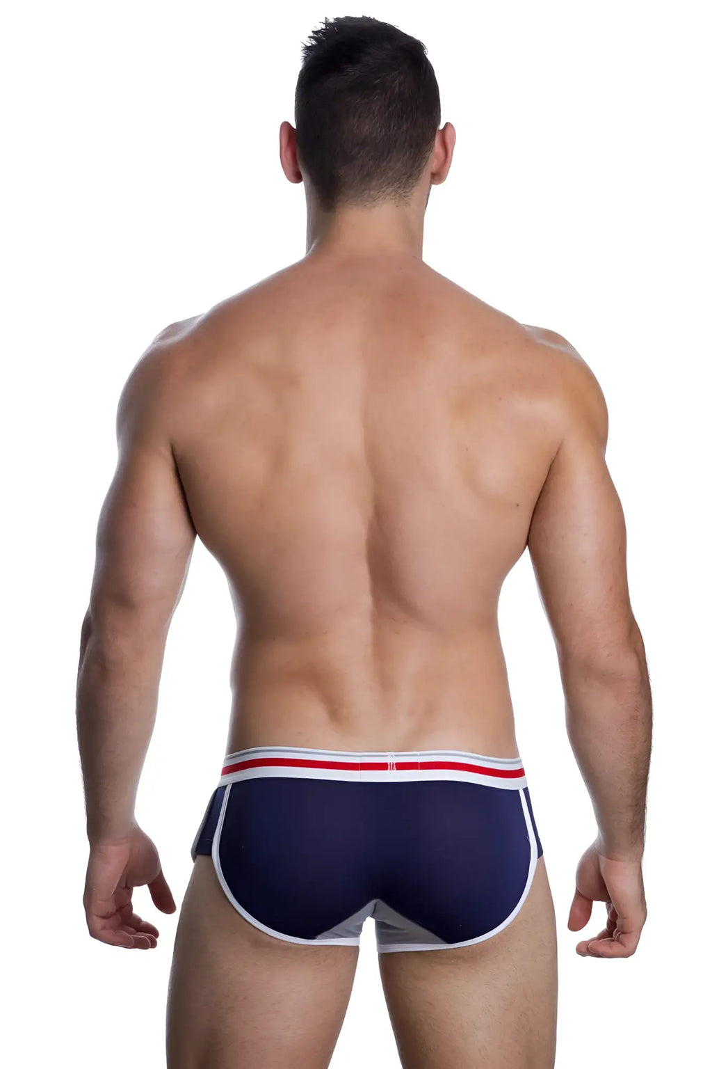 Navy blue Marcuse Bounce boxer briefs with red and white striped waistband and side panels for athletic wear