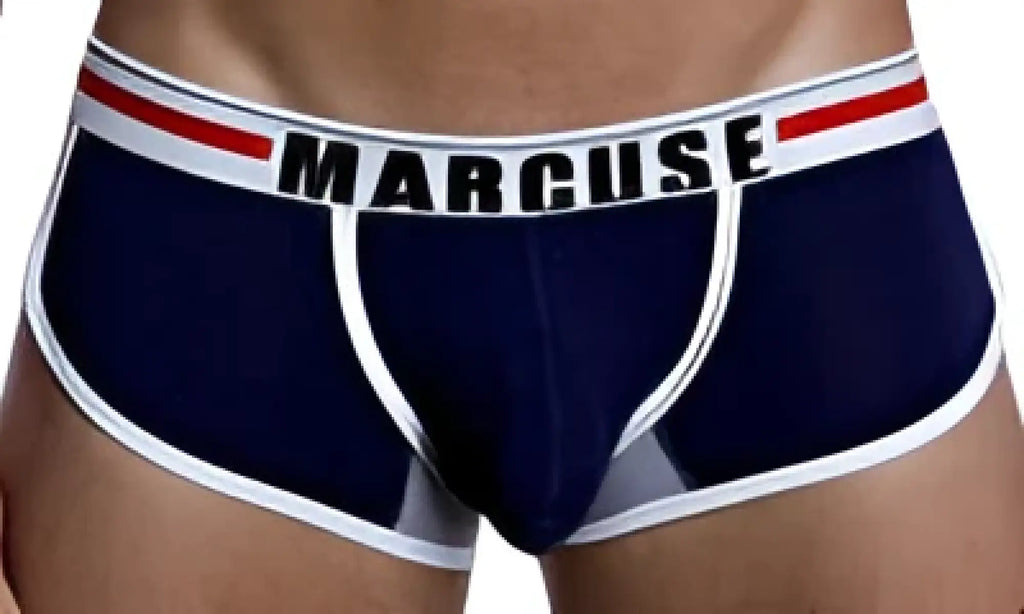 Navy blue marcuse bounce boxer underwear with white and red trim and branded waistband for men