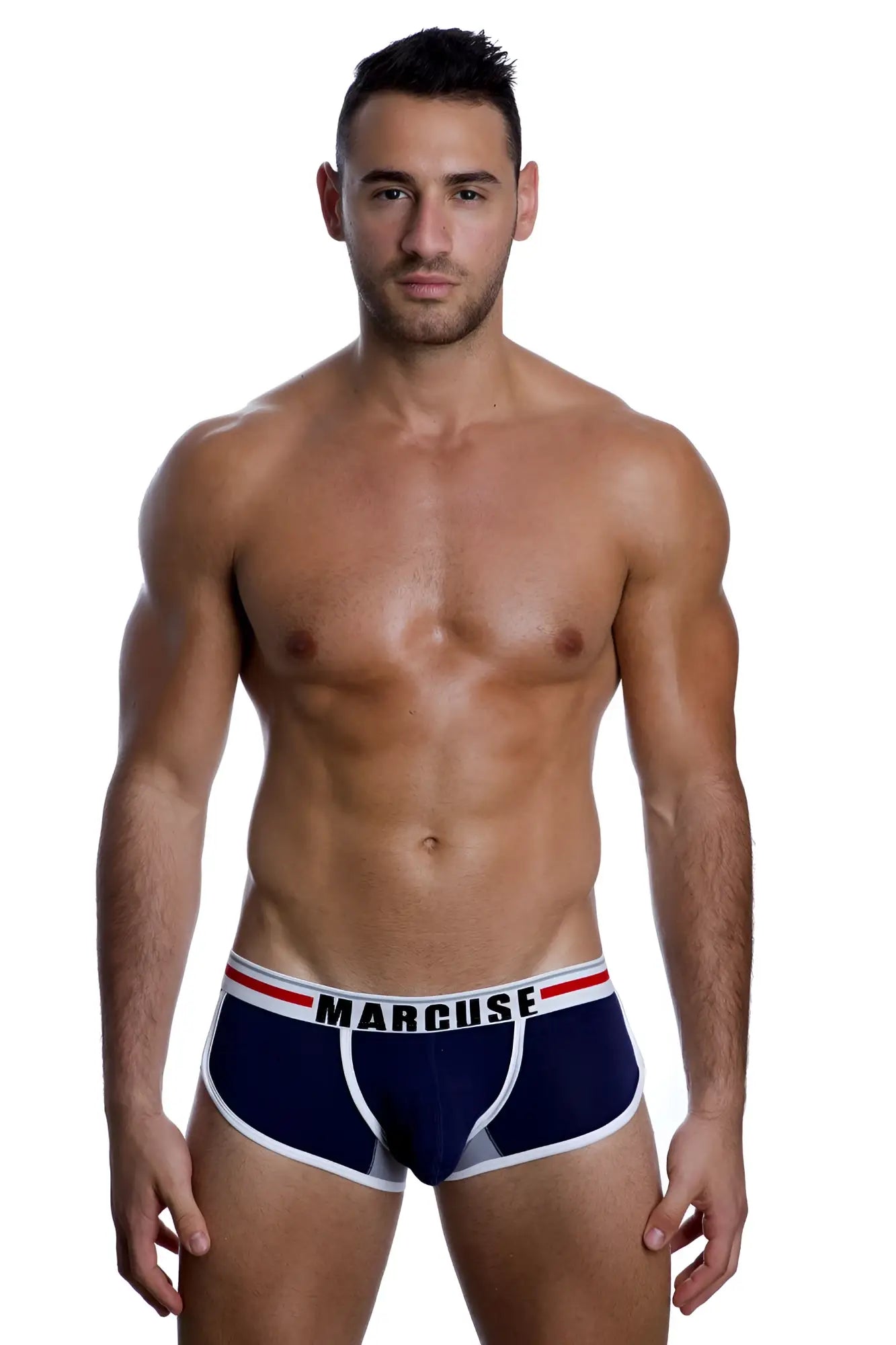 Navy blue marcuse bounce boxer briefs with white and red trim and branded waistband for comfortable support