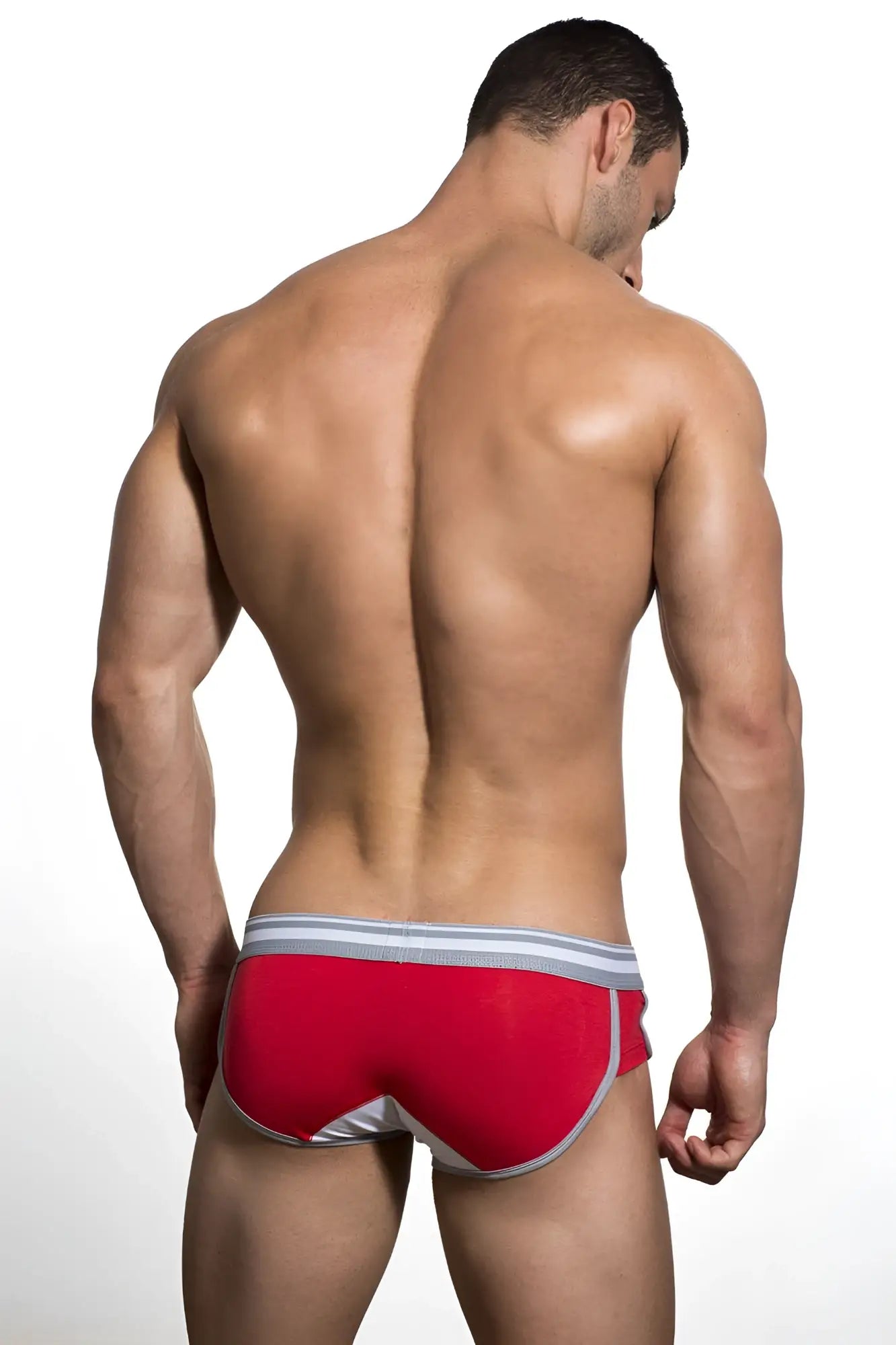 Red briefs with gray trim and white accents marcuse bounce boxer underwear designed for comfort and support