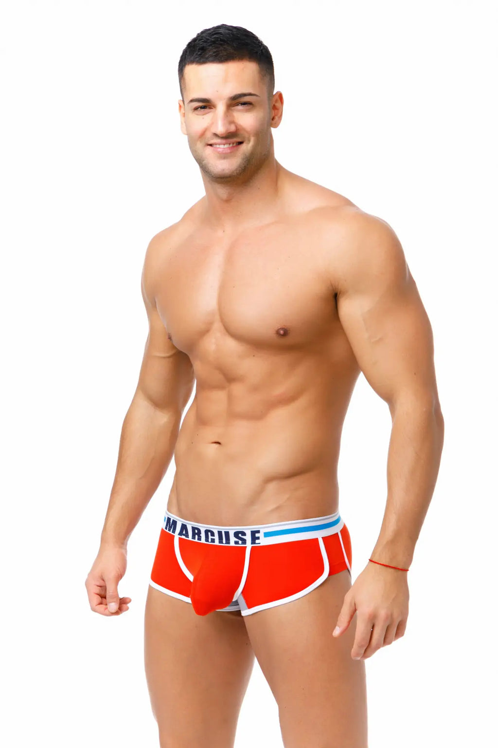 Red marcuse bounce boxer briefs with white and blue trim designed for comfortable activewear use
