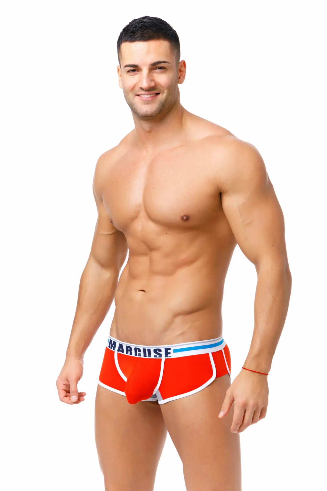 Red marcuse bounce boxer briefs with white and blue trim designed for comfortable activewear use