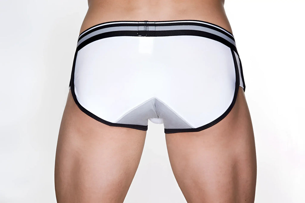 White briefs with black and gray striped waistband from marcuse bounce boxer underwear in soft fabric