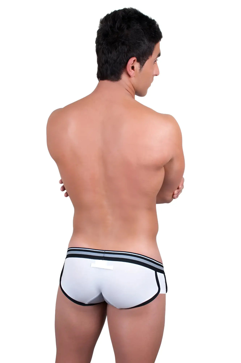 White Marcuse Bounce boxer briefs with black trim and two horizontal stripes on the waistband for comfortable wear