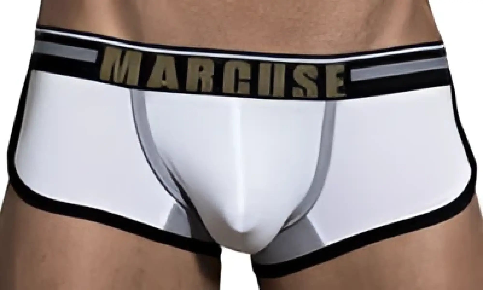 White men’s briefs with black trim and a gray marcuse waistband from marcuse bounce boxer underwear collection
