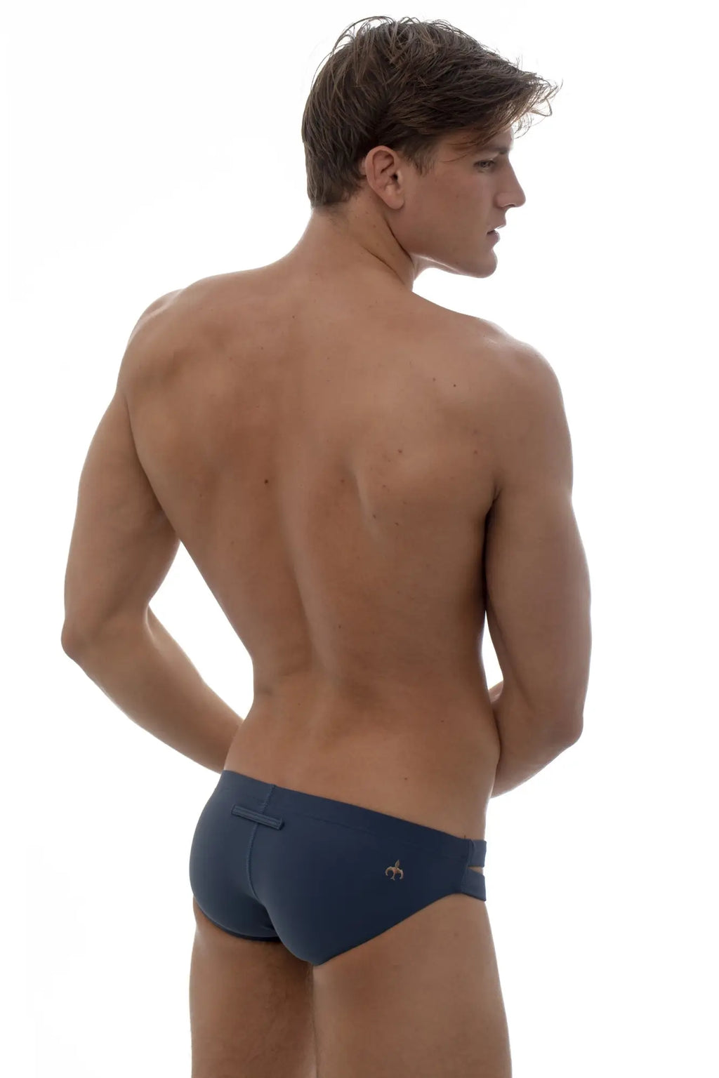 Marcuse Bound bikini swimwear navy blue swim trunks with small gold logo on the side for stylish beachwear